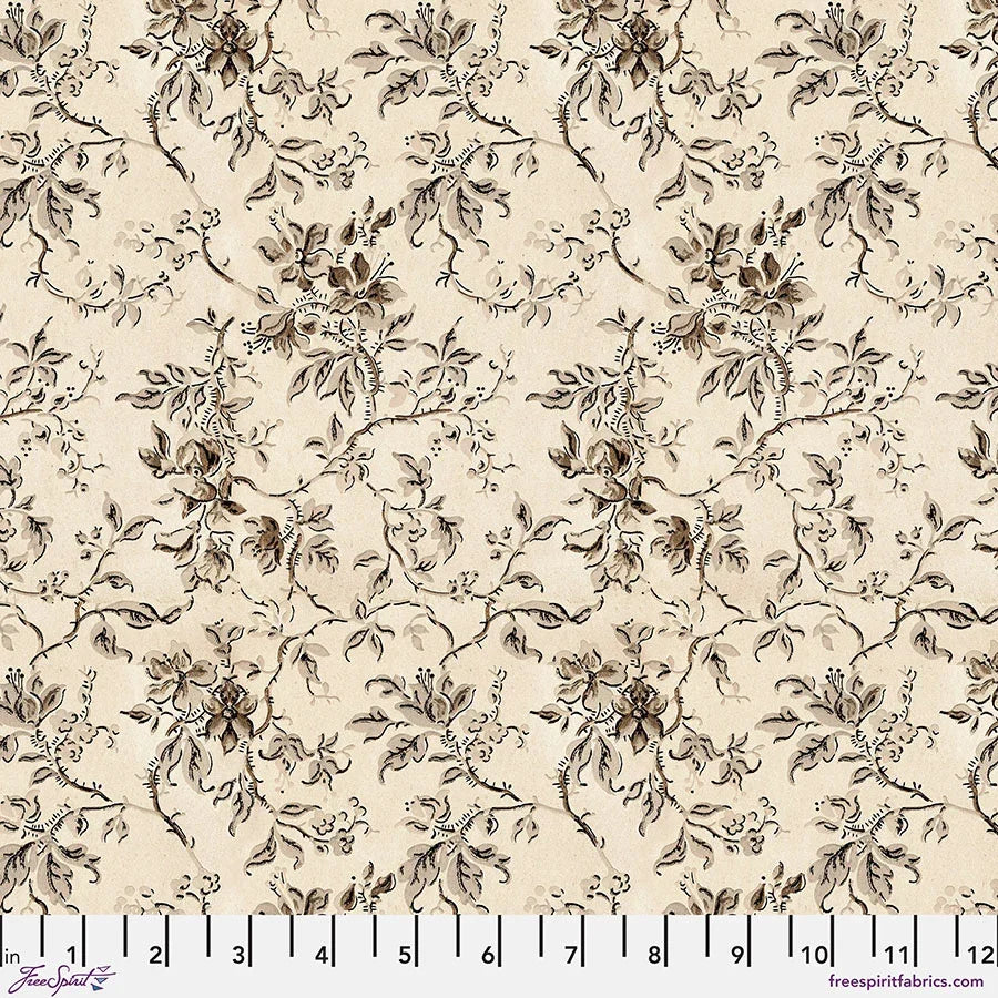 Neutral wallpaper with cream base and dark brown vintage floral vine pattern