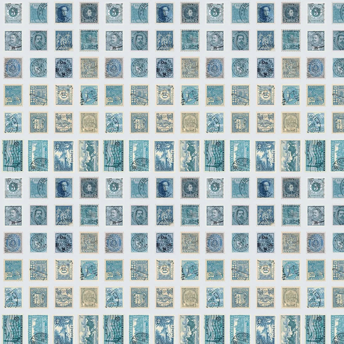 Blue stamp pattern fabric with small circular seals and script on light background