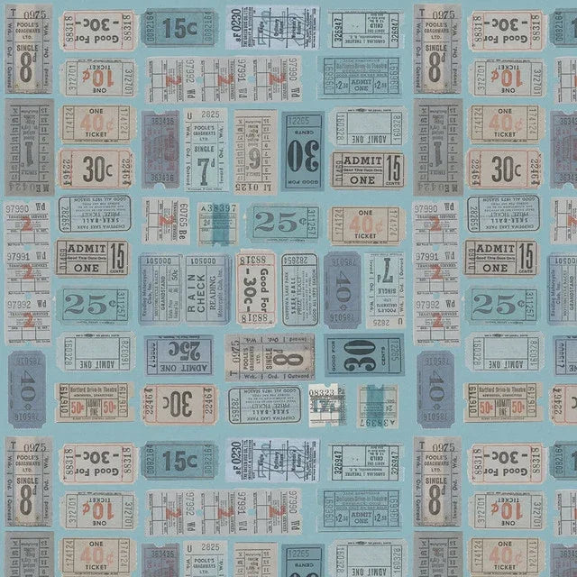 Blue ticket print fabric with repeating stamps and numbers