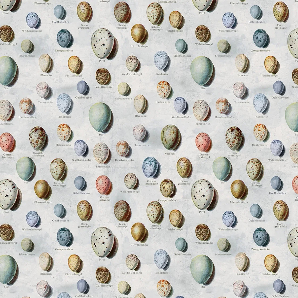 Blue egg print fabric with speckled ovals and pastel spots