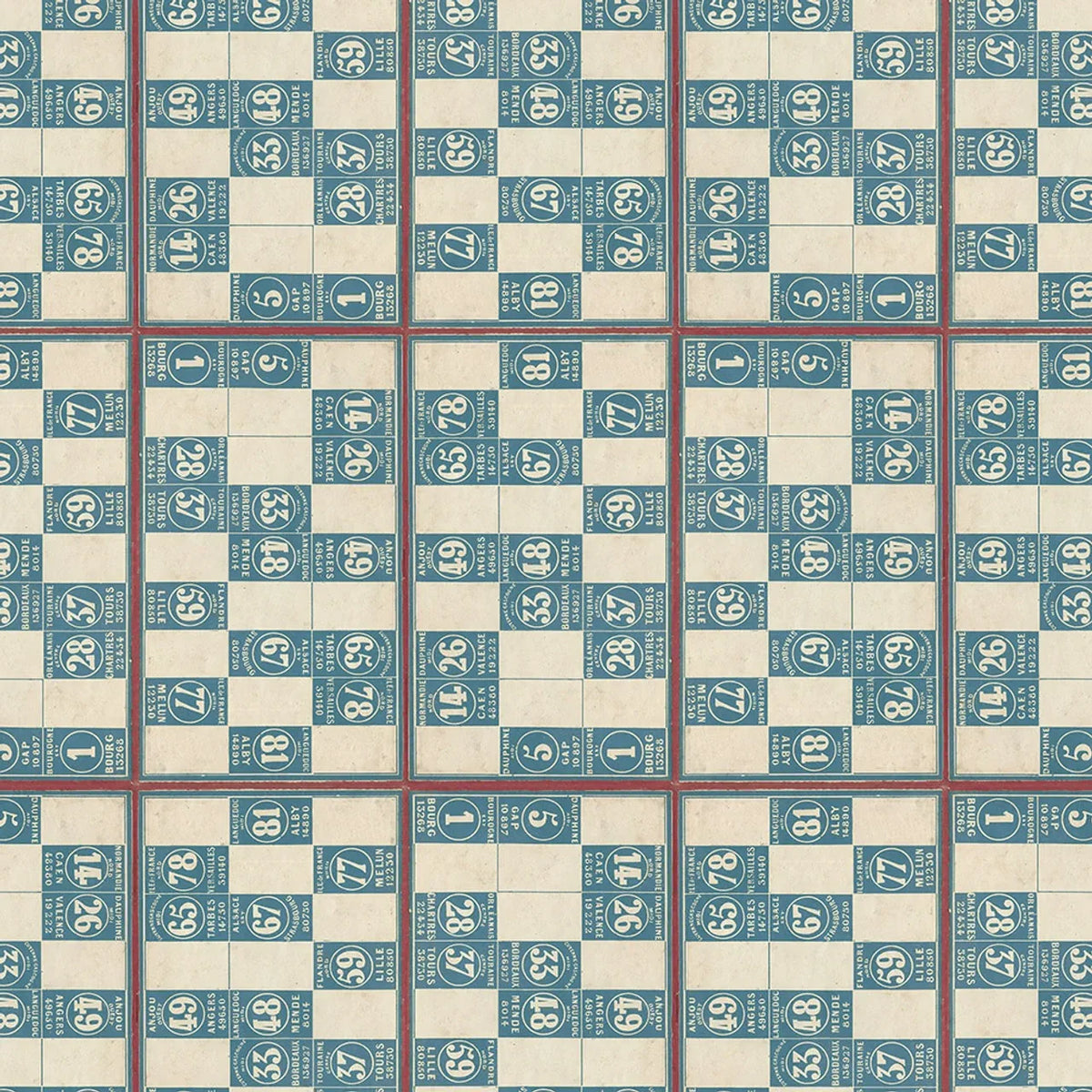 Blue and cream fabric with repeating blocks of vintage-style number prints