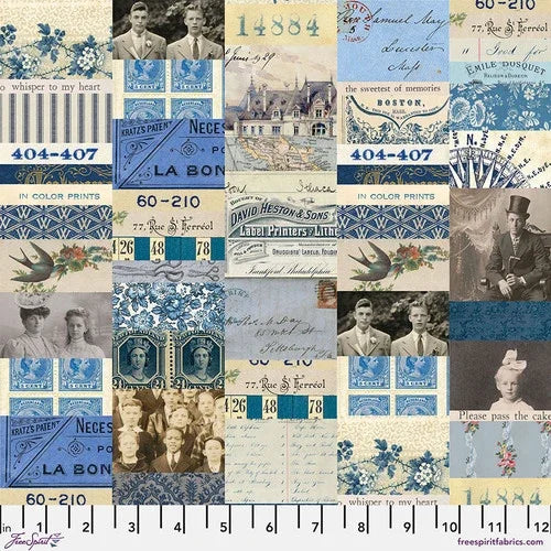 Indigo collage fabric with vintage stamps, portraits, and floral blocks