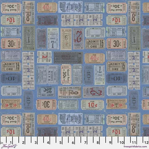 Indigo and cream ticket-style fabric with printed numbers and word fragments