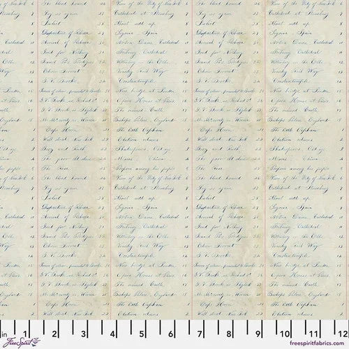 Indigo fabric panel with repeating script-style handwriting text pattern, light background