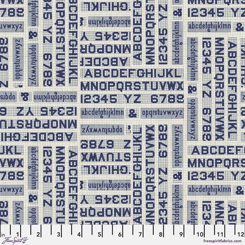 Indigo blue cotton fabric swatch with repeating typography letters and numbers
