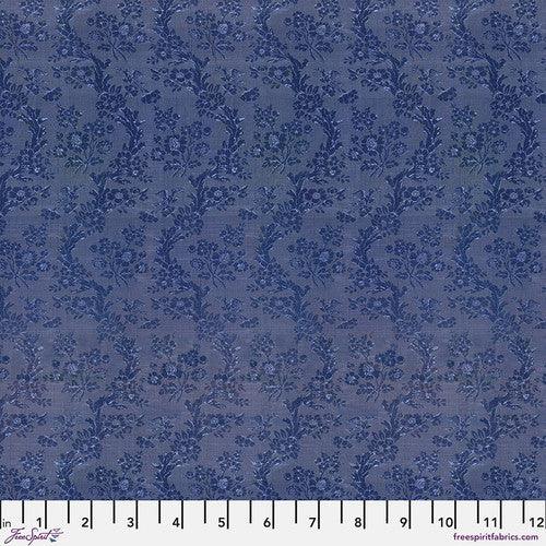 Indigo fabric with delicate floral vine pattern