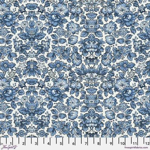 Indigo blue floral damask wallpaper pattern with ornate repeating motifs