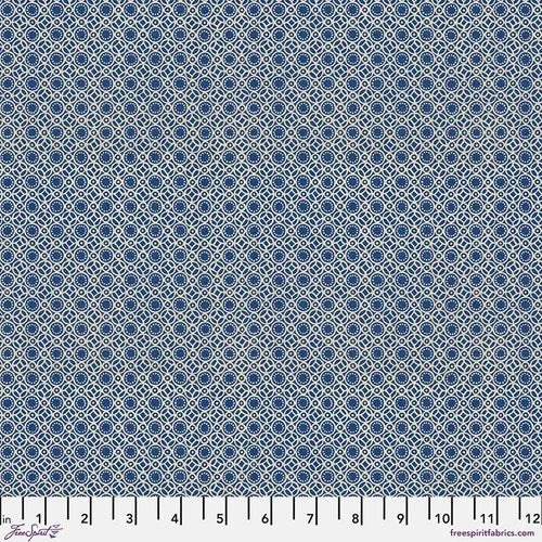 Indigo fabric with tiny circular geometric print in white and dark blue