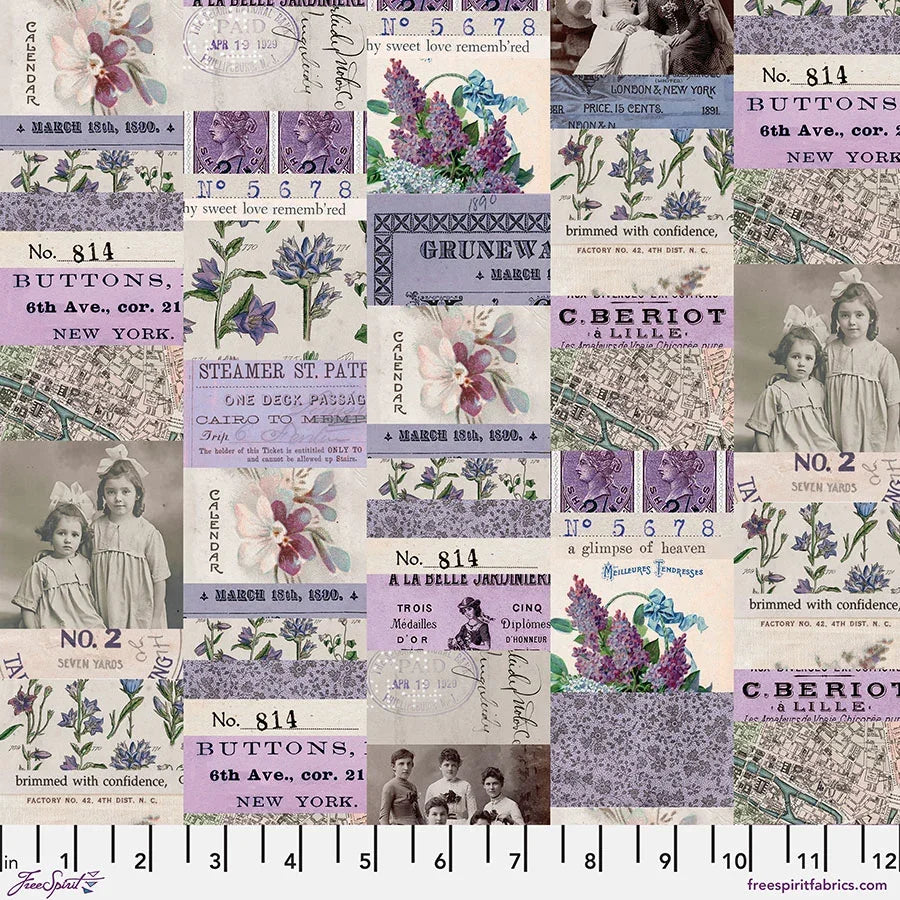 Purple collage fabric with floral motifs and vintage text blocks, patchwork layout