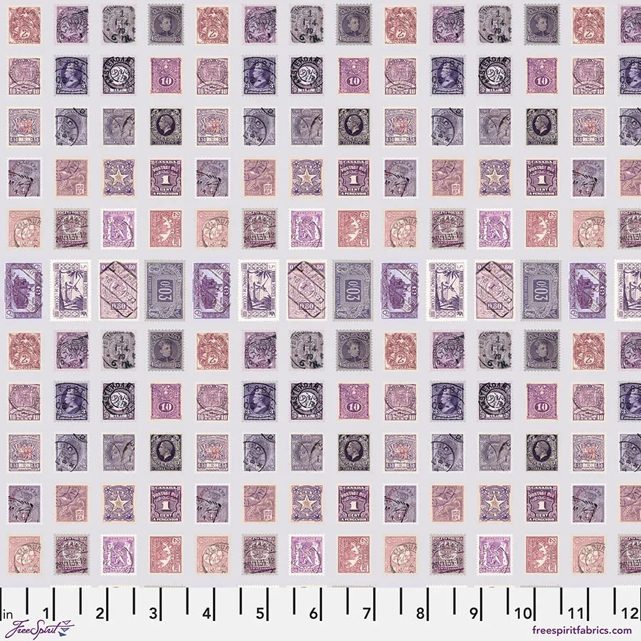 Purple stamp print fabric with small rectangular motifs on a light background