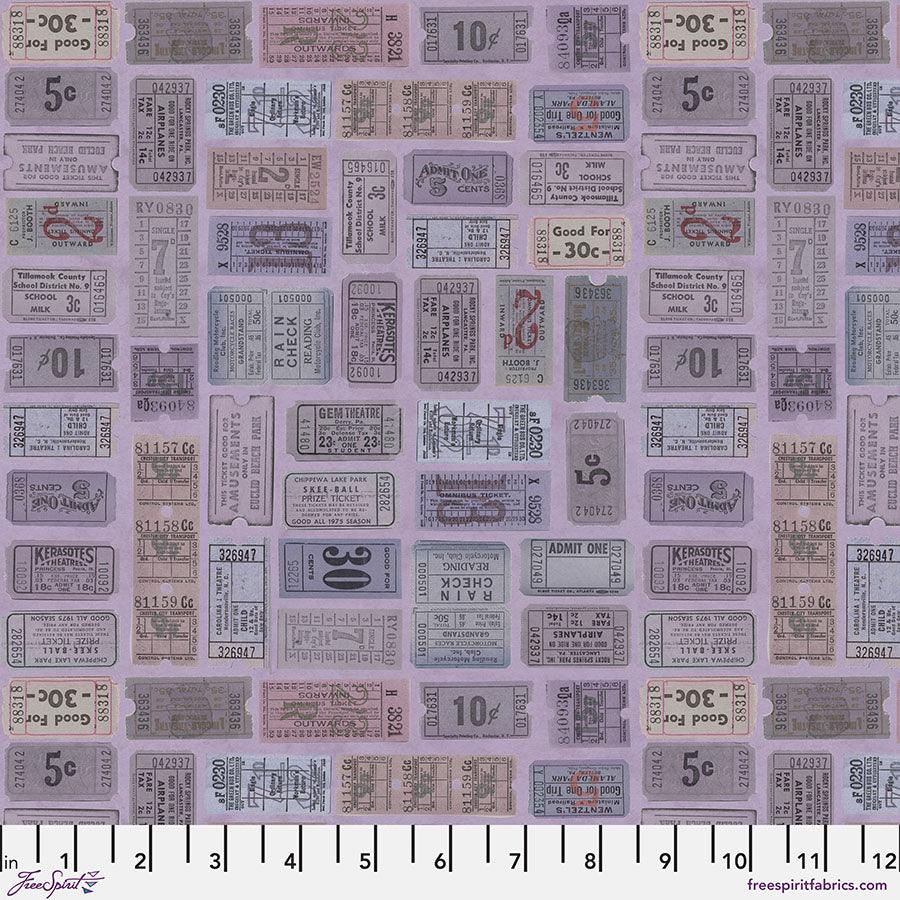 Purple ticket-themed quilting fabric swatch with repeating stamps, numbers, and text blocks