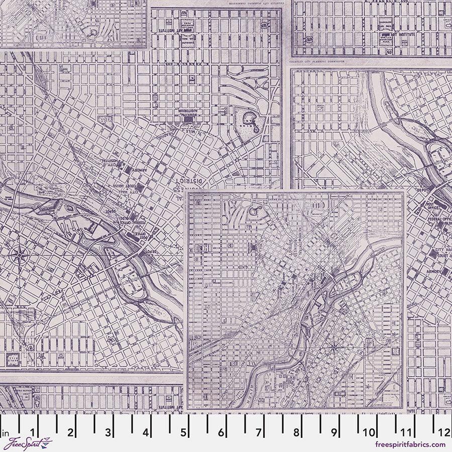 Purple map print fabric with grid street and river line patterns