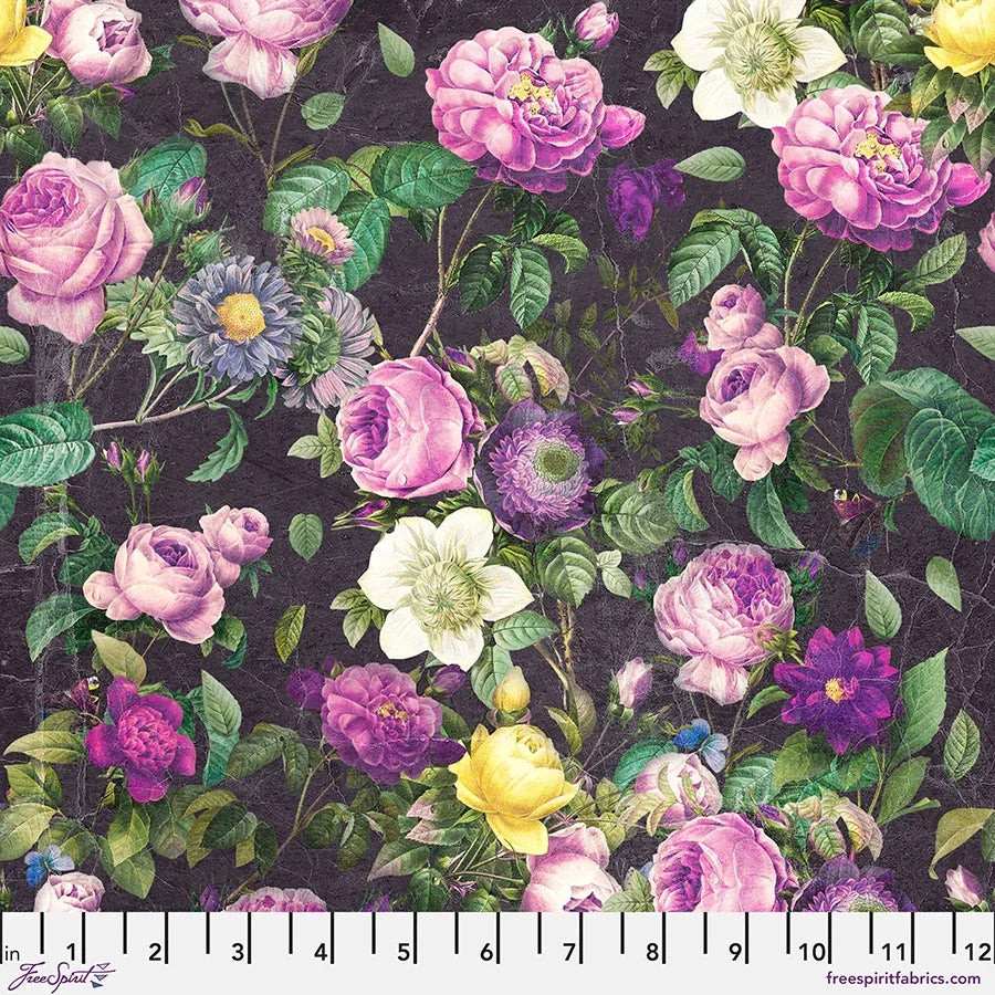 Purple floral cotton fabric with mixed roses, peonies, and greenery pattern