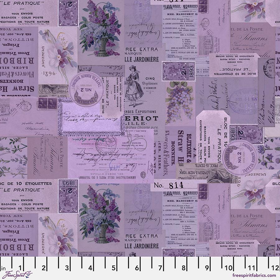 Purple fabric with vintage postage stamp and floral label collage print