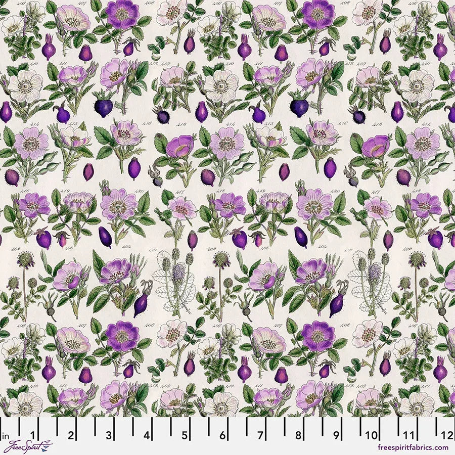 Botanical fabric with purple flowers and berries pattern