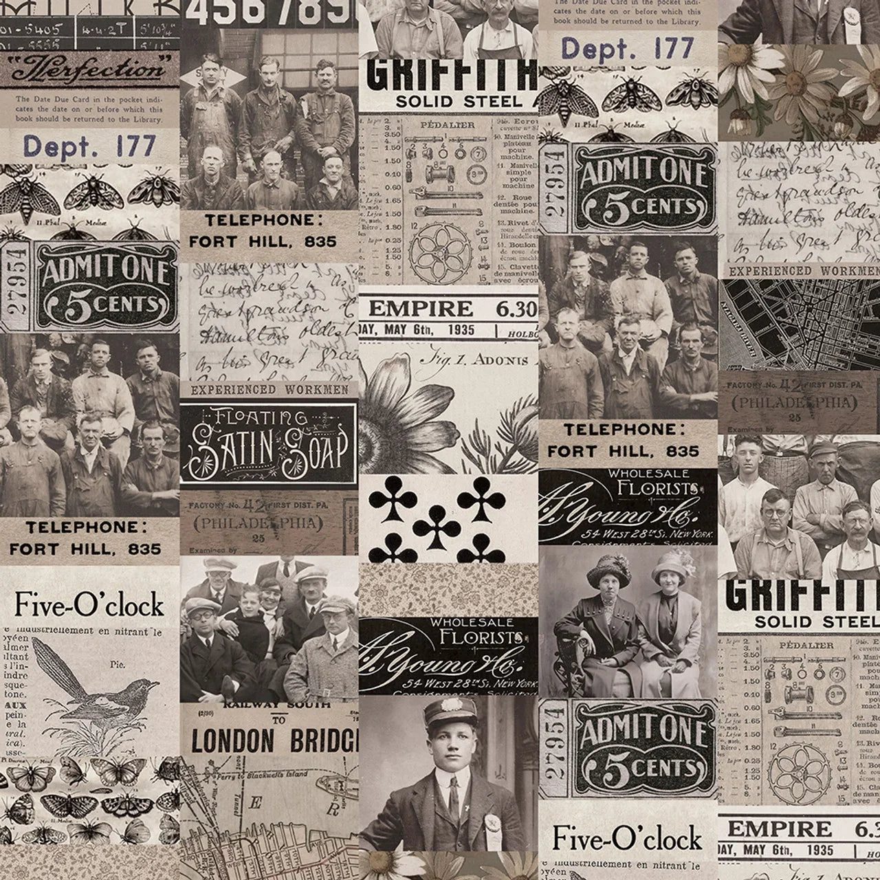 Charcoal collage fabric with vintage text, numbers, and floral motifs
