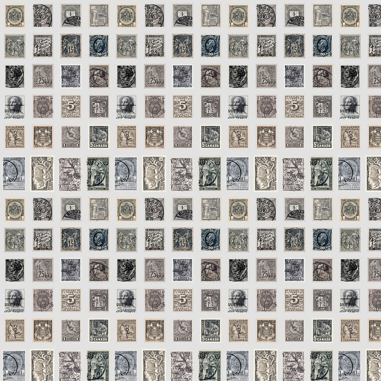 Charcoal stamp pattern fabric with grid of vintage postage-style motifs and blue accents