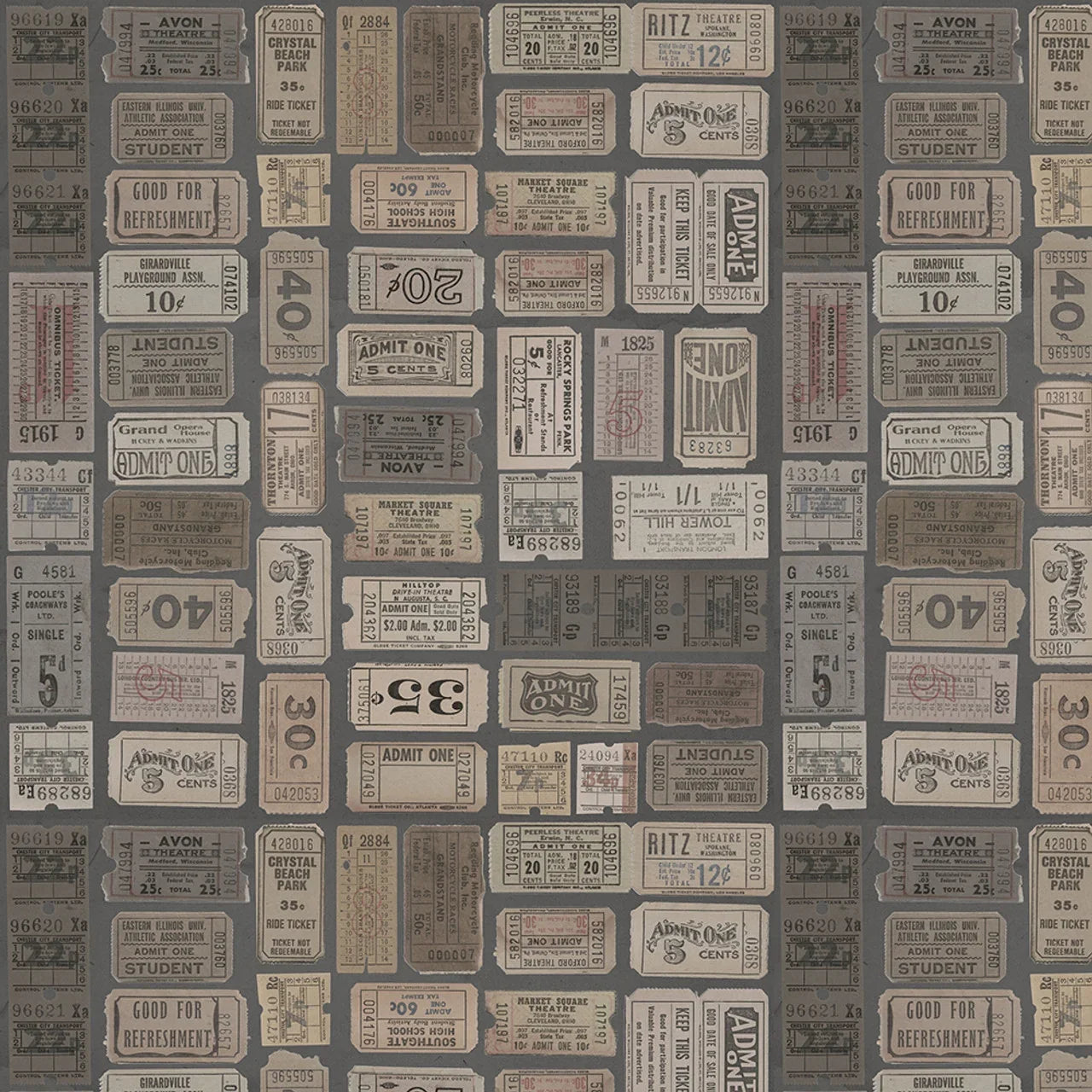 Charcoal ticket-print fabric with small vintage-style labels and numbers