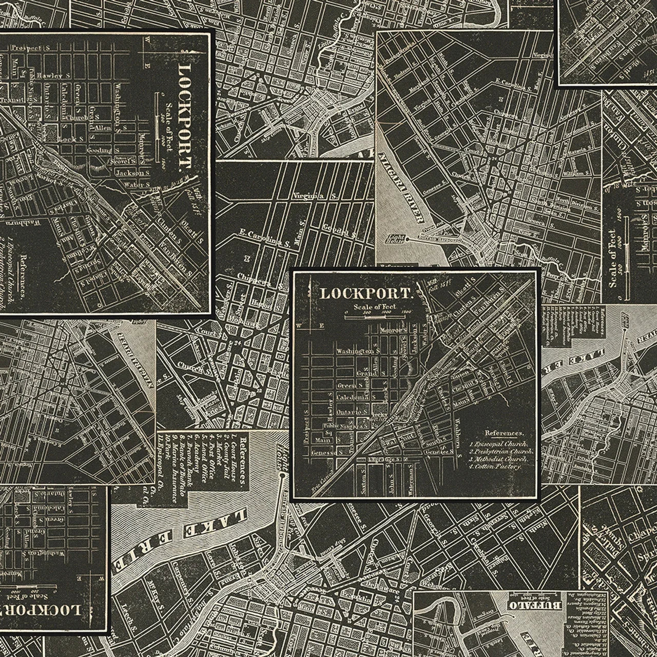 Charcoal map print fabric swatches with street-grid lines and labels