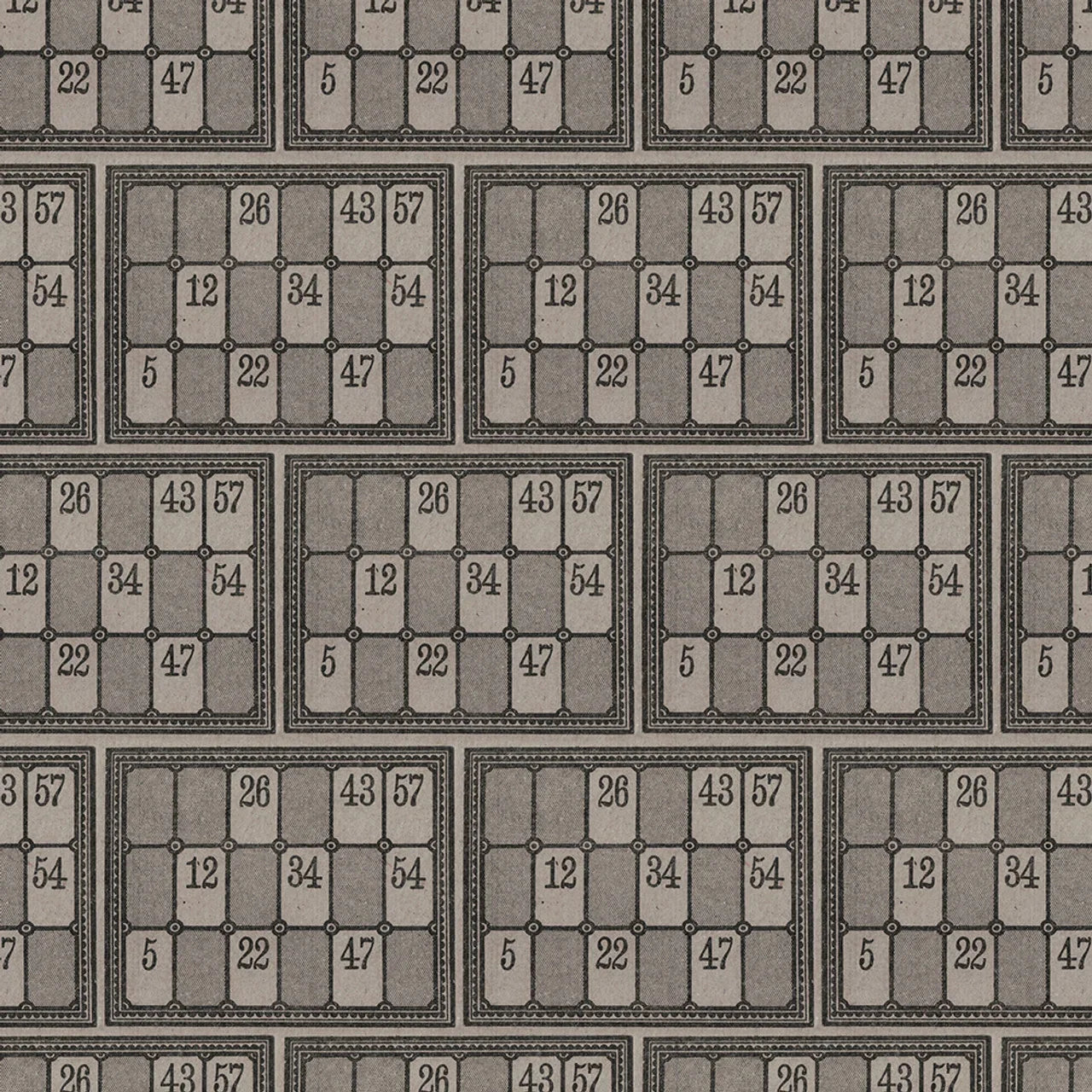 Charcoal fabric with repeating framed numbers and grid pattern