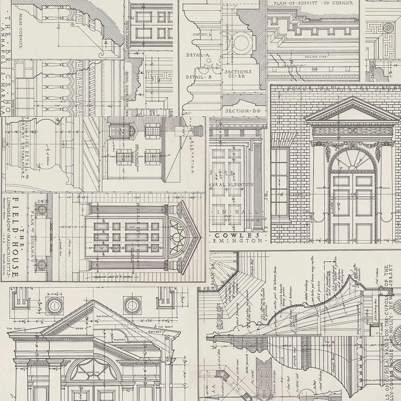 Charcoal architectural blueprint fabric with line-drawn building schematics pattern