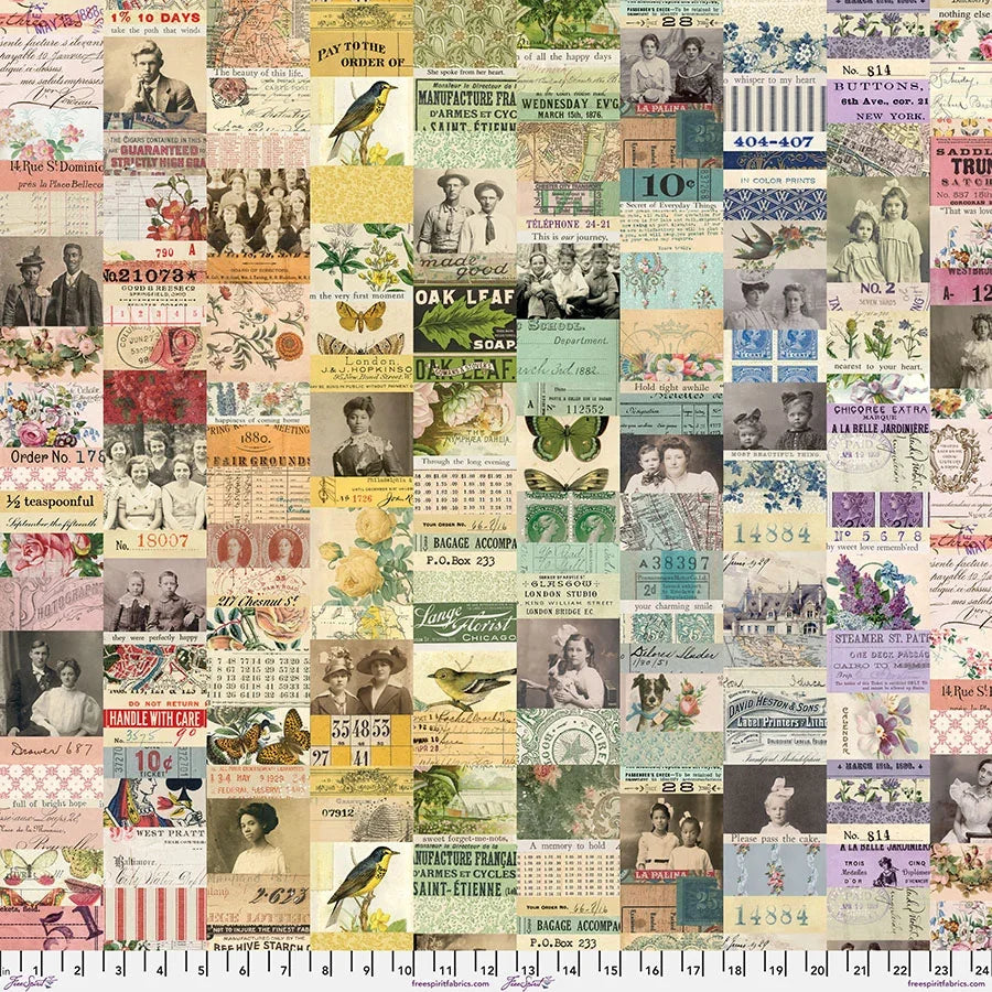 Tim Holtz collage print fabric with vintage text, numbers, portraits, and motifs