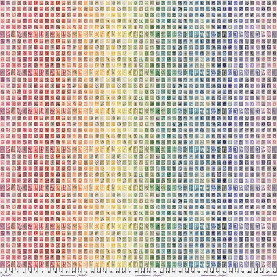 Multicolor fabric with tiny square motif and crosshatch grid, warm yellow to cool blue