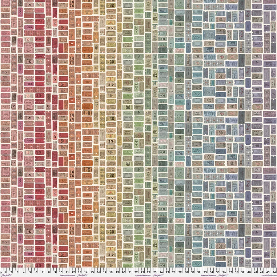 Multi-color ticket label fabric with numbered rows and barcode-style rectangles