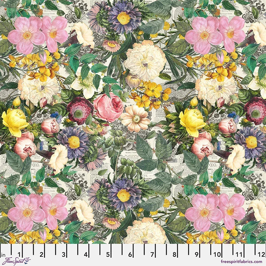 Tim Holtz floral cotton fabric, multicolor flowers and green leaves pattern