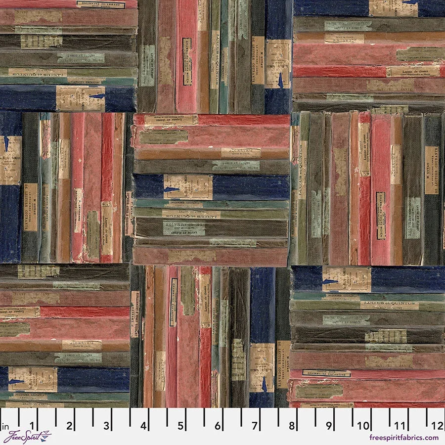 Multi-color fabric with stacked book spine blocks and vintage labels