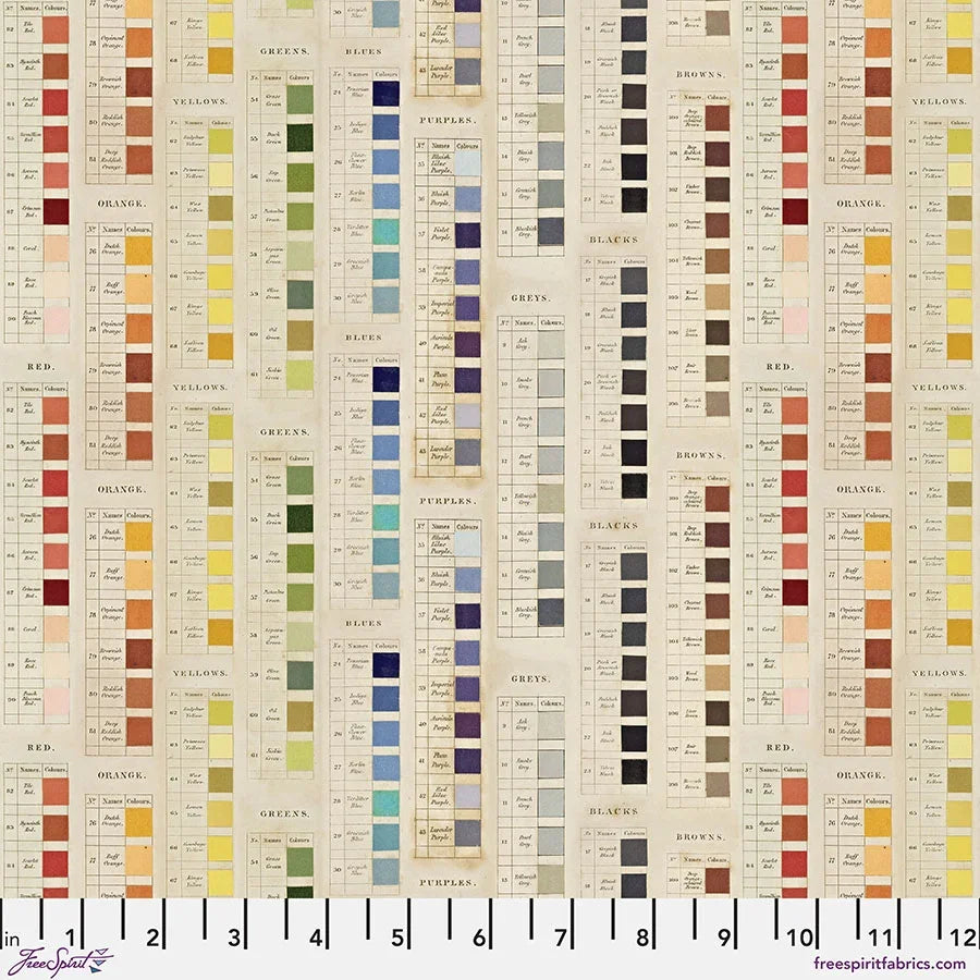 Multi-color fabric with palette stripe blocks and label-style text