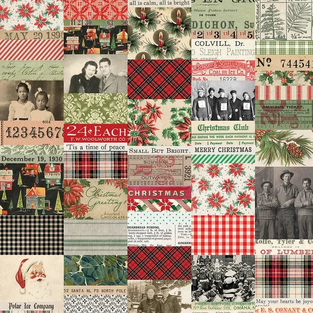 Christmas collage patchwork fabric with red green plaid, florals, and vintage photo prints
