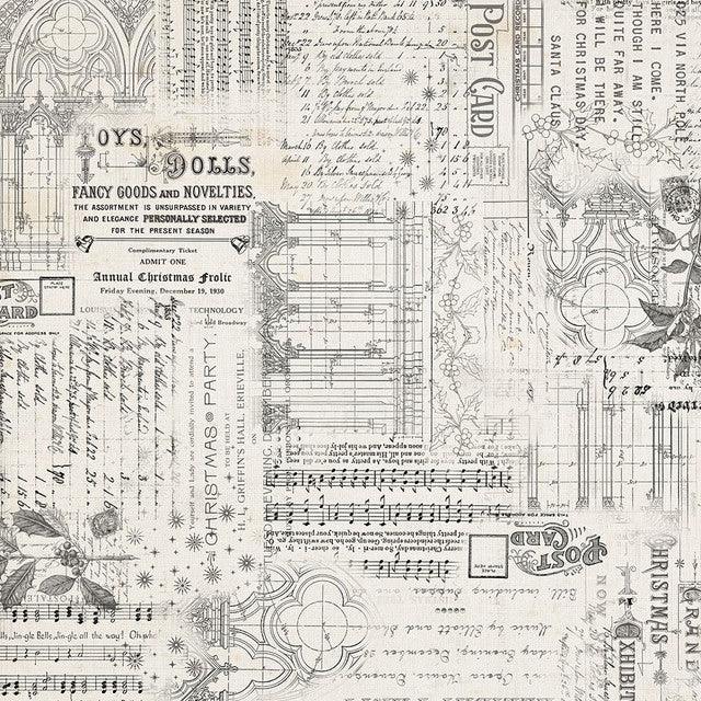 Christmas-themed fabric with white-gray text, snowflakes, and ornament line art