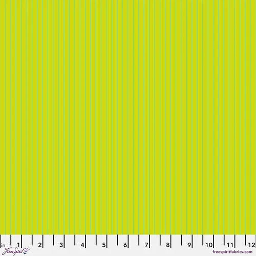Tiny pinstripe fabric swatch with vertical lime-green stripes on light ground