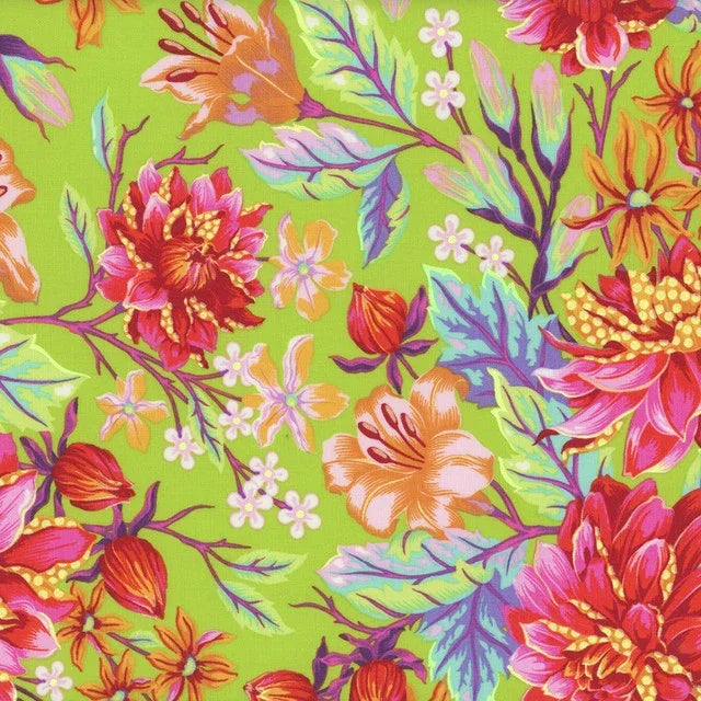 Multicolor floral print fabric on light green with pink, orange, purple blooms