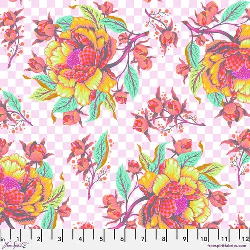 Quilt fabric with multicolor peony floral vines and leaves on light pink background