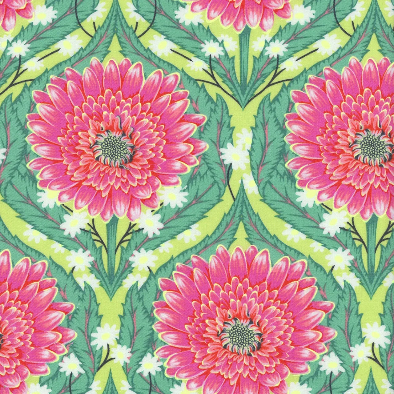 Floral fabric with pink daisy blooms, green leaves, and teal green background pattern
