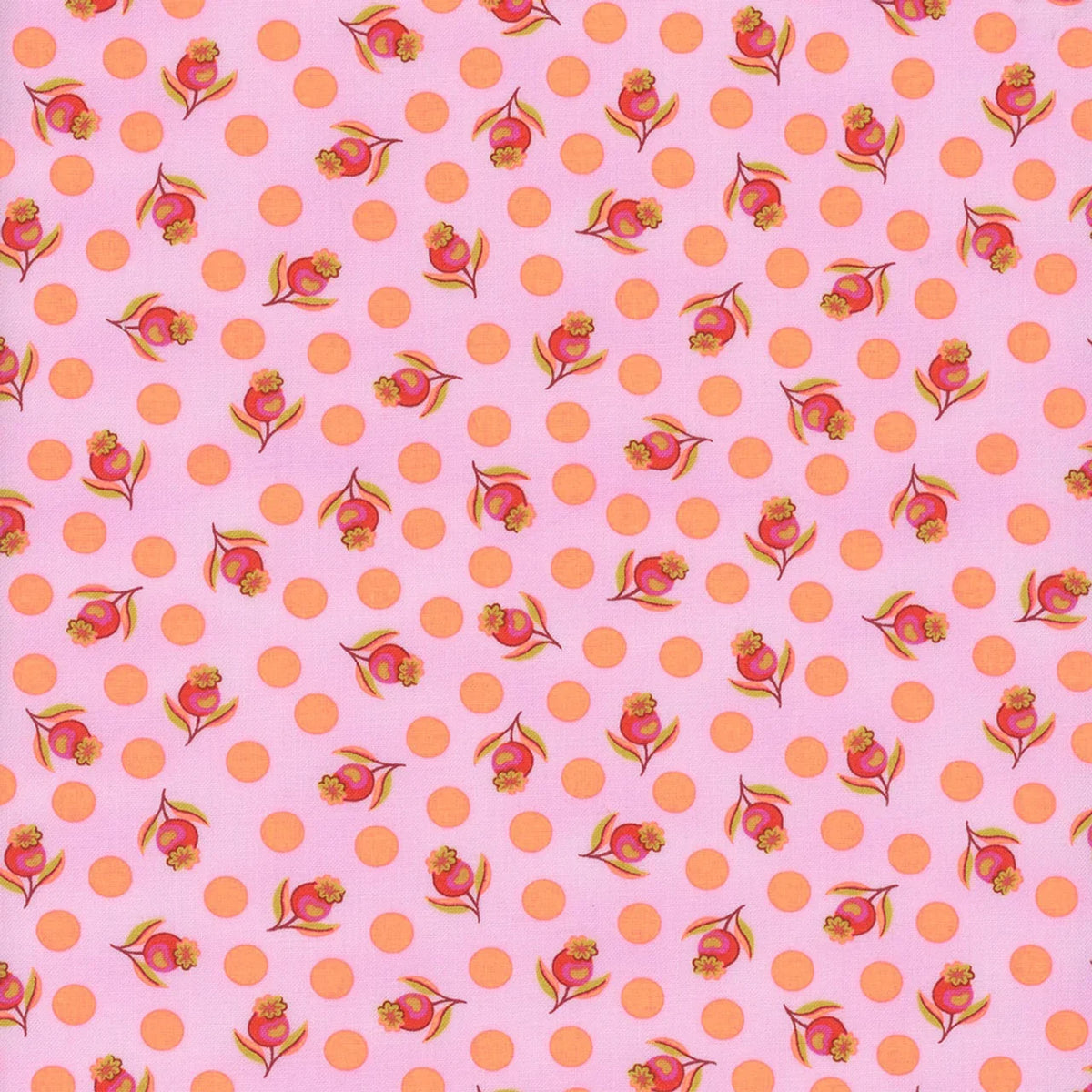Pink printed fabric with orange dots and small tulip-style flowers