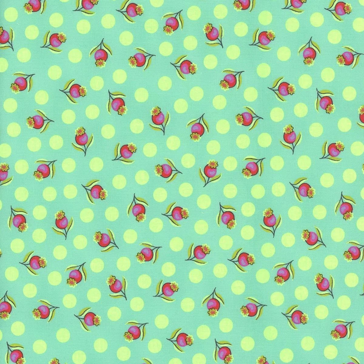 Light green cotton fabric with repeating pink floral motifs and green polka dots