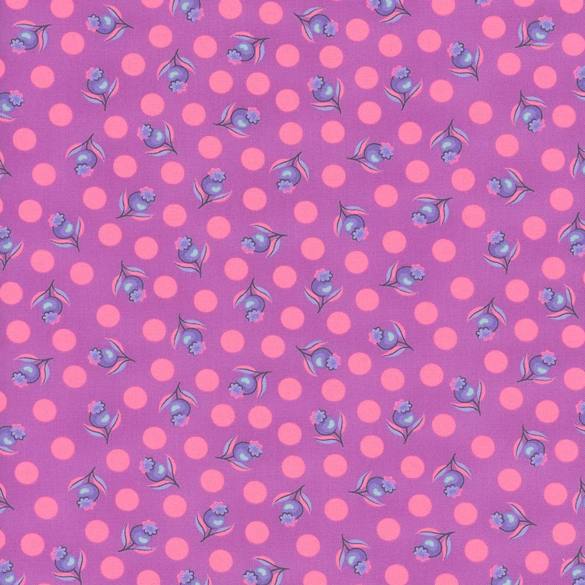 Cotton quilt fabric with pink and lavender dot-and-flower pattern