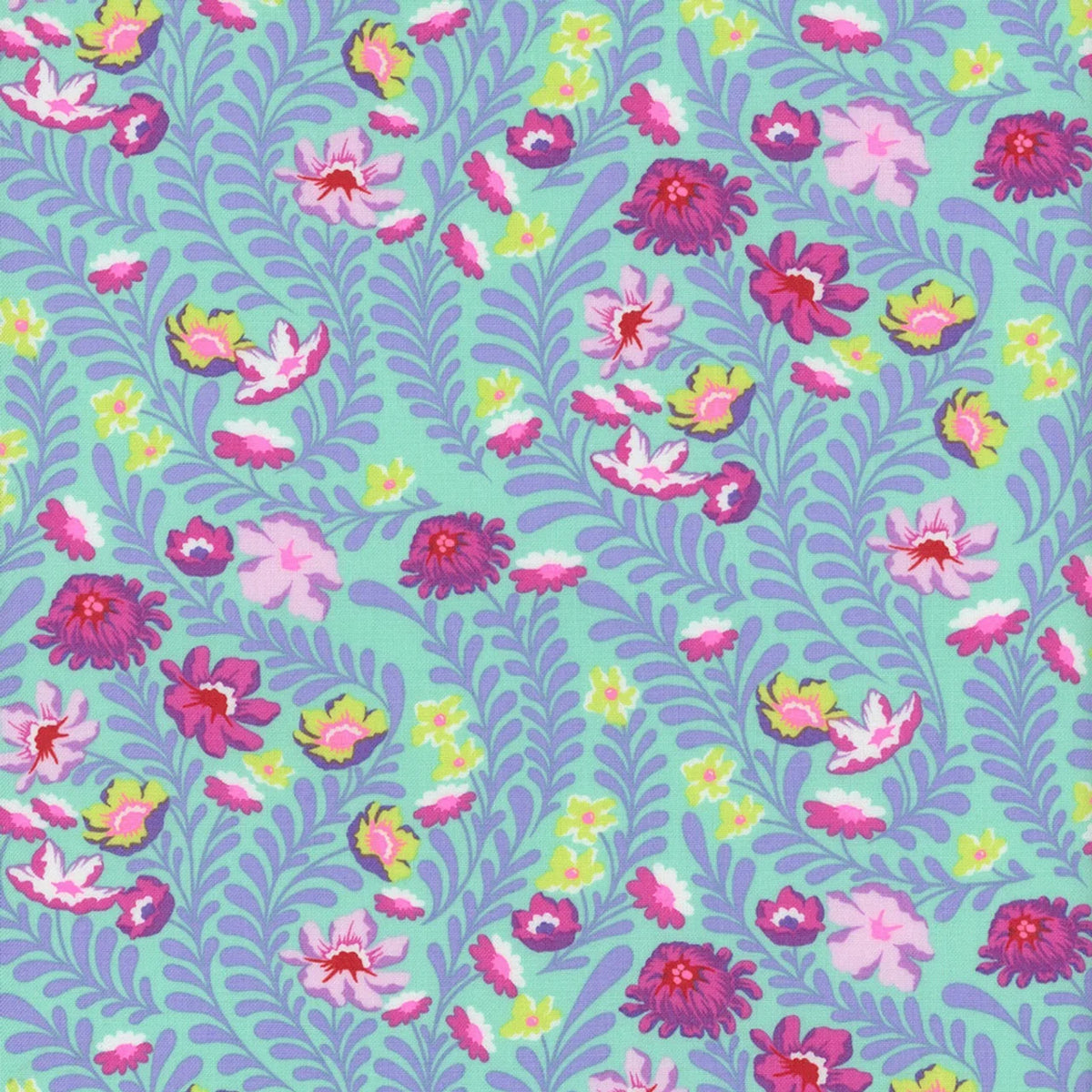 Cotton fabric with allover pink flowers and green leaves on light purple
