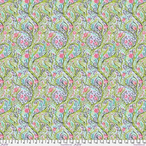Cotton fabric swatch with pink and blue floral vine branch pattern on light background
