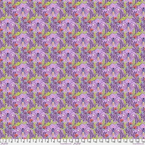 Purple floral butterfly cotton fabric with vines and small blossoms, repeating pattern