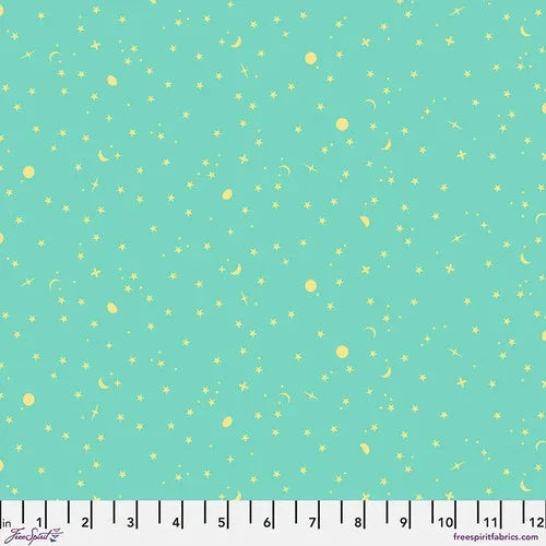 Teal cotton fabric with scattered space sprinkle stars, moons, and dots pattern