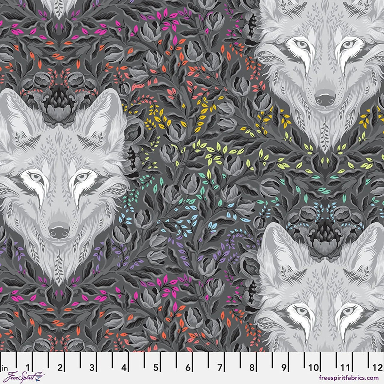Gray fabric with white wolf faces and scattered floral sprigs pattern