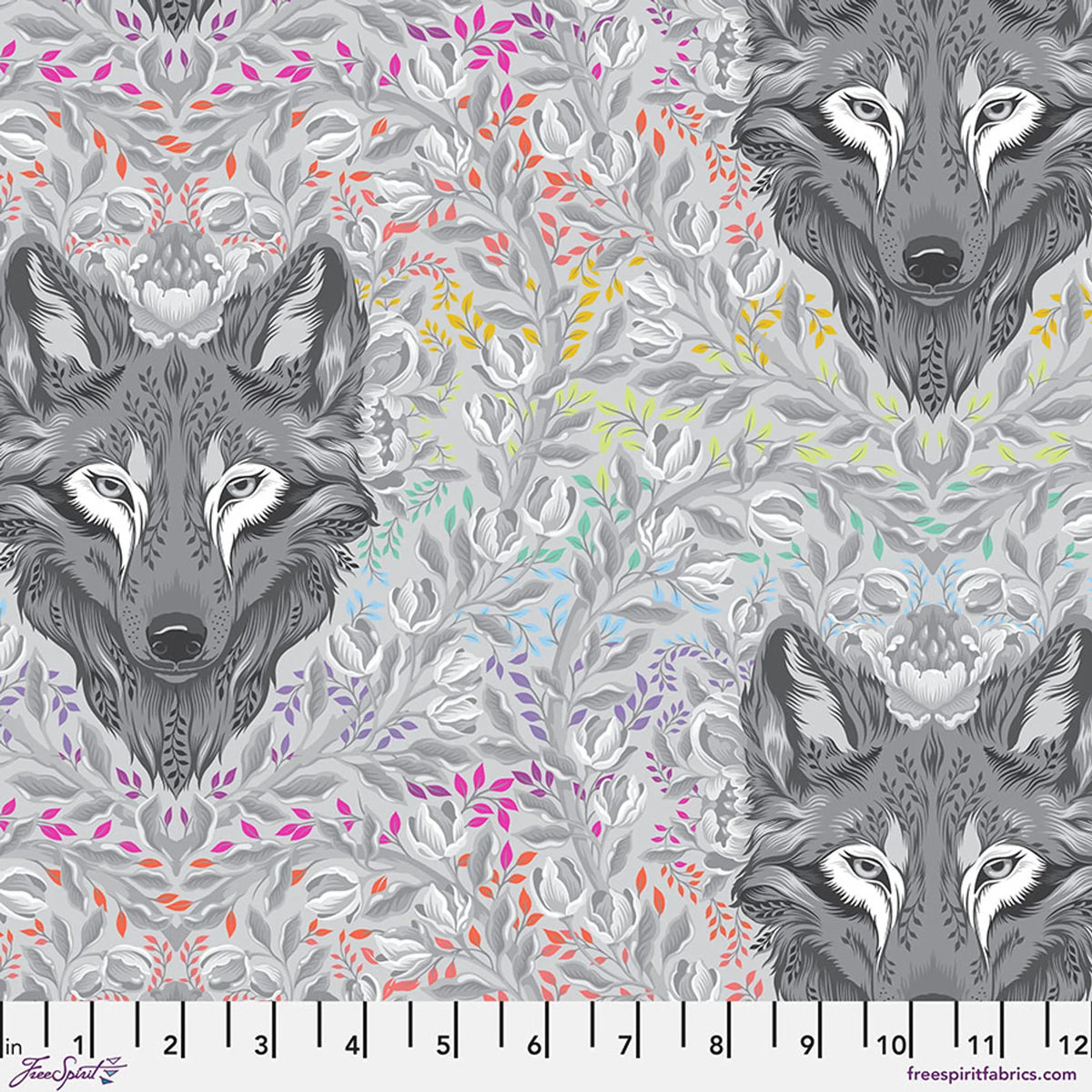 Gray wolf print cotton fabric with floral accents on light gray background.