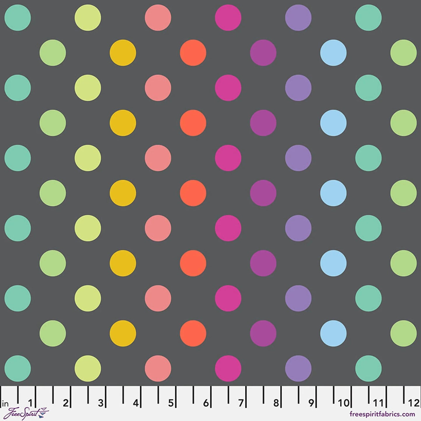 Gray cotton fabric with multicolor pom-pom dot pattern