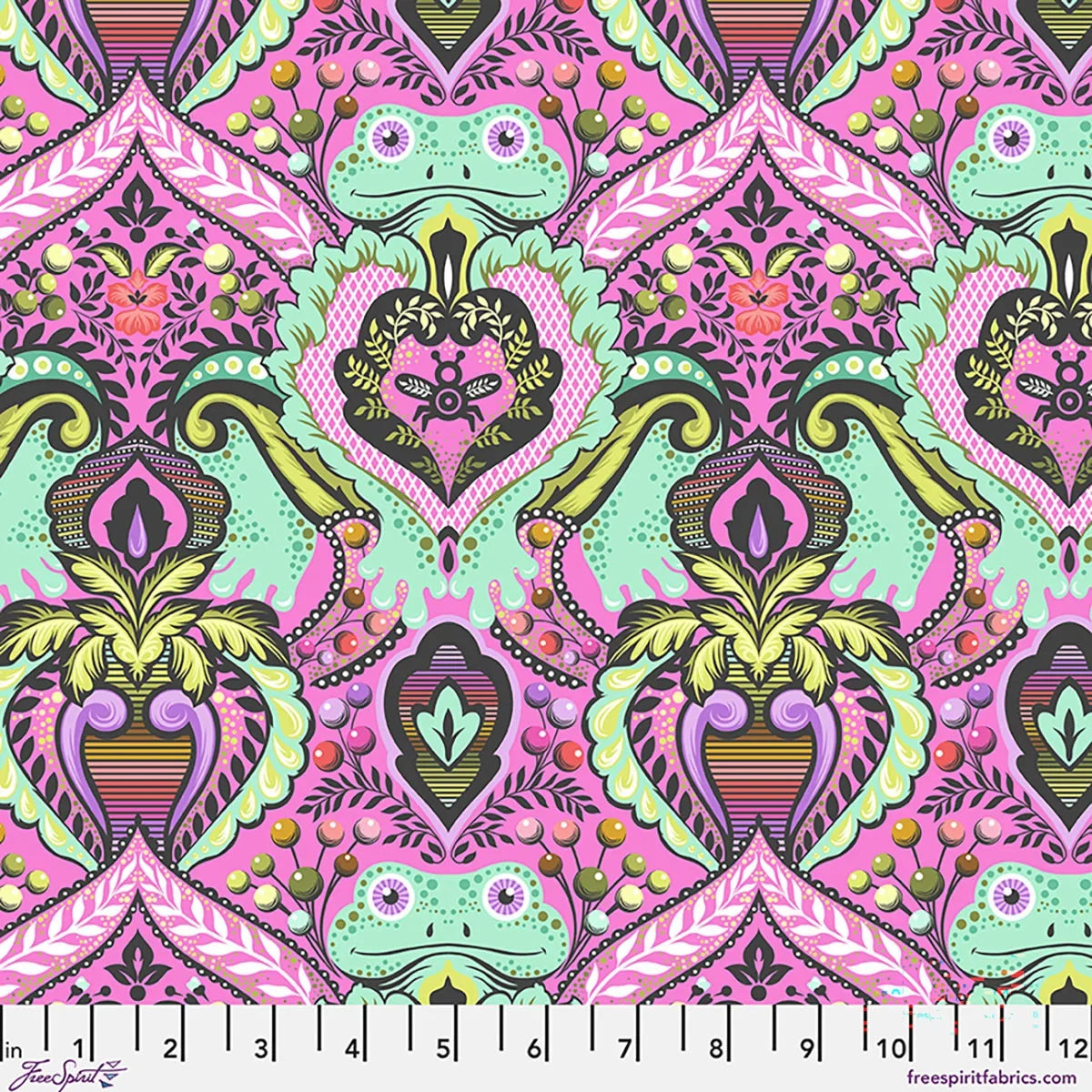 Decorative fabric yardage with ornate floral and hearts pattern in pink, teal, purple