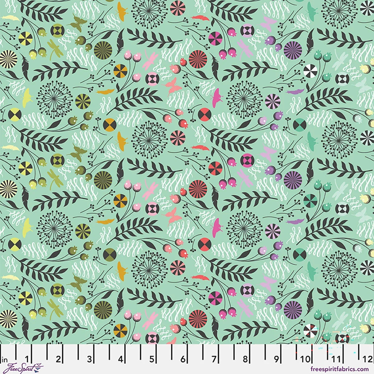 Mint fabric yardage with colorful sea-life and coral reef pattern, repeating all-over design