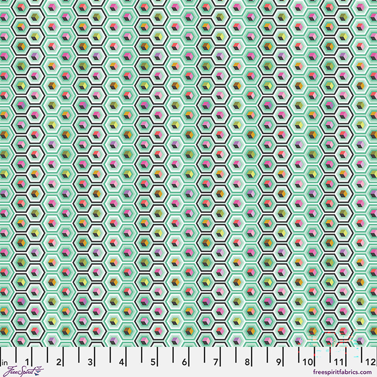 Tula Pink Prince Charming Deja Vu Hex Box fabric in Sweetmint green geometric hexagons